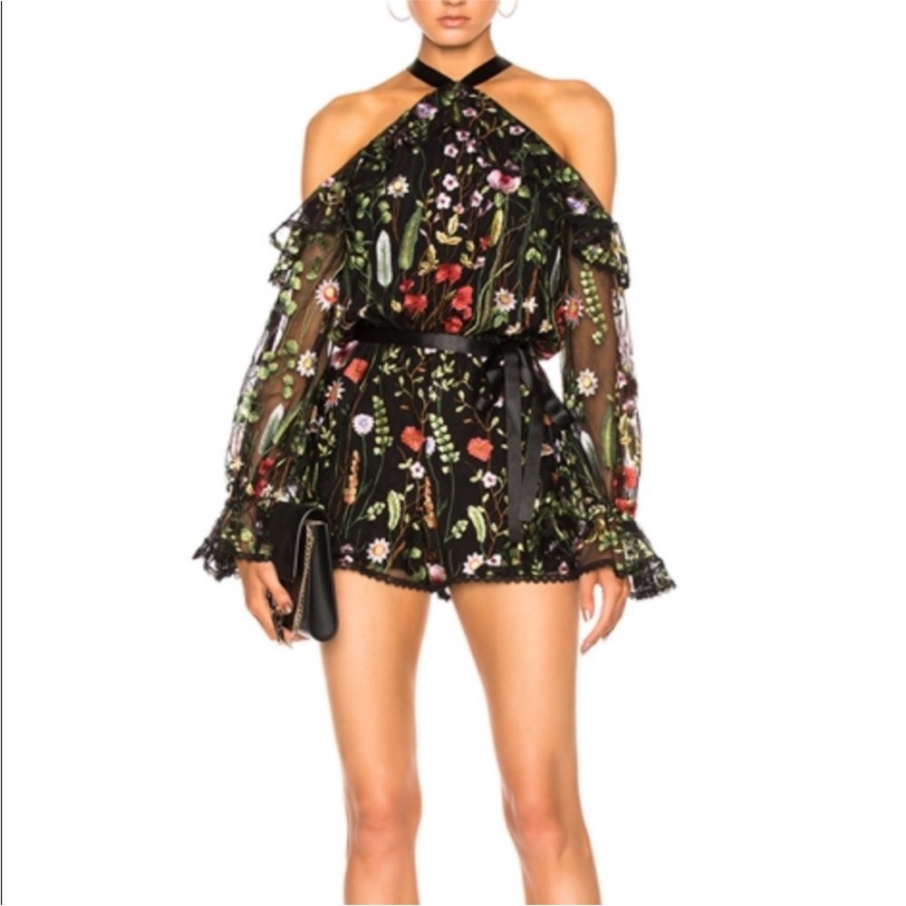 Alexis Brenna black Floral embroidered flower garden romper .